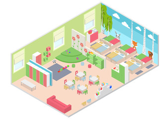 Kindergarten Room Interior with Furniture Isometric View. Vector