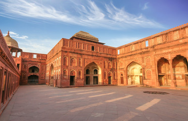 Agra Fort red sandstone medieval architecture fort with intricate carving. Agra Fort is a mughal...