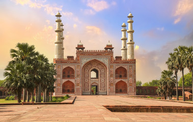 Fototapeta na wymiar Medieval Akbar Tomb gateway made of red sandstone and marble at Sikandra Agra, India