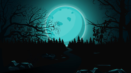 Halloween background, full blue moon, dark forest and lonely trail. Halloween background for your arts