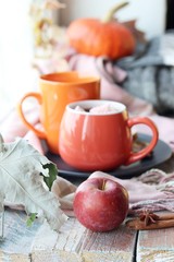 Two cups of coffee, meringues, pumpkins, apples, leaves, plaid on the background of the window, home comfort concept, Thanksgiving, autumn season