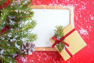 Frame to Your text on red background with christmas tree