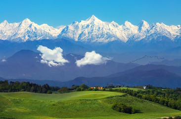 Garhwal Himalaya mountain range with scenic landscape at Binsar, Uttarakhand, India - obrazy, fototapety, plakaty