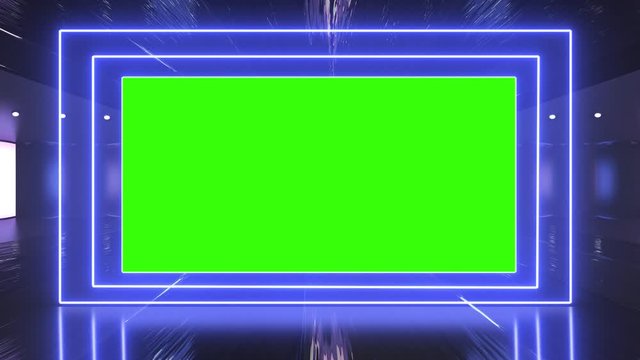 Abstract creative metal stage and led, neon blank WIDESCREEN billboard, border. Video mock up for advertisement, green screen alpha channel and tracking markers.