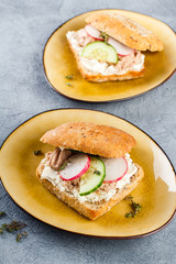 Delicious tuna sandwich, served with radish and cucumber