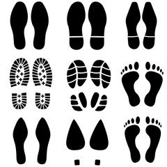 Set footprints men, women, sneakers, shoes, boots icon, logo isolated on white background