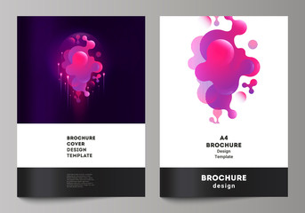 The vector layout of A4 format modern cover mockups design templates for brochure, magazine, flyer, booklet, annual report. Black background with fluid gradient, liquid pink colored geometric element.
