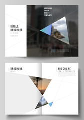 The vector layout of two A4 format modern cover mockups design templates for bifold brochure, magazine, flyer, report. Creative background with blue triangles and triangular shapes. Simple design.