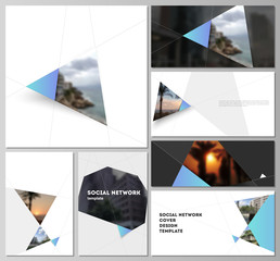 The minimalistic abstract vector layouts of modern social network mockups in popular formats. Creative modern background with blue triangles and triangular shapes. Simple design decoration.