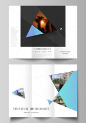 The minimal vector layouts. Modern creative covers design templates for trifold brochure or flyer. Creative modern background with blue triangles and triangular shapes. Simple design decoration.