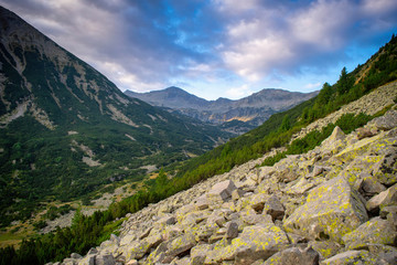 Path between Vihren hut and Vihren peak in Pirin national park, near Bansko, Bulgaria