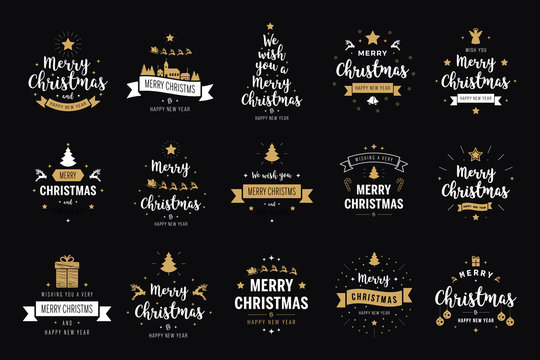 Merry Christmas. Happy New Year, typography lettering badge emblems quotes set collection. Vector logo design for postcard, invitation, greeting card,  poster
