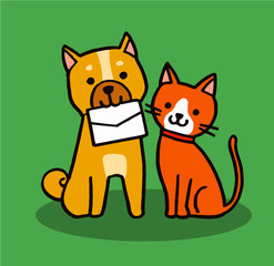 手紙を咥える犬と猫