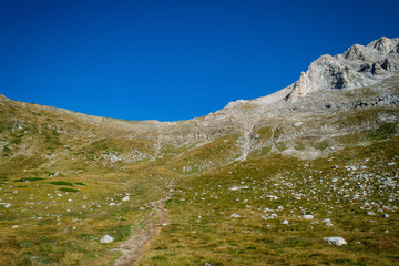 Path between Vihren hut and Vihren peak in Pirin national park, near Bansko, Bulgaria