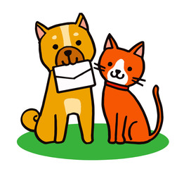 手紙を咥える犬と猫