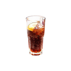 Cola soda drink glass with ice cubes and lemon slices isolated on white background