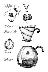 An alternative way to brew coffee through a paper filter, pouver, hipster, dripper. Vector illustration, freehand doodle drawing with the image of coffee accessories, for the design of a cafe