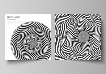 The minimal vector layout of two square format covers design templates for brochure, flyer, magazine. Abstract 3D geometrical background with optical illusion black and white design pattern.