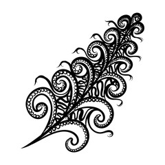 Beautiful Hand Drawn Sketch of Feather in Zentangle Style Monochrome Decorative Feather. Floral Motifs, Indian, Turkish Design Element on White Background