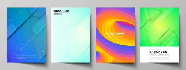 Vector layout of A4 format modern cover mockups design templates for brochure, magazine, flyer, booklet. Futuristic technology design, colorful backgrounds with fluid gradient shapes composition.