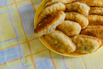 Fresh fried small handmade patties with green onions and egg on a plate. Tablecloth