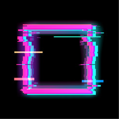 Colorful glitch square geometric shape, frame with neon glitch effect