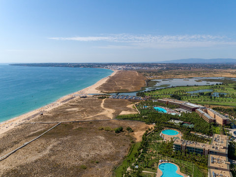 Aerial seascape of Salgados beach in Albufeira, Algarve.