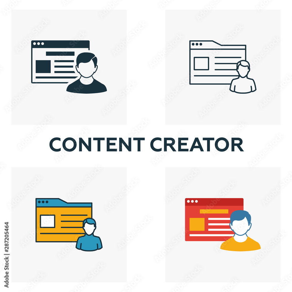 Poster content creator icon set. four elements in diferent styles from content icons collection. creative c