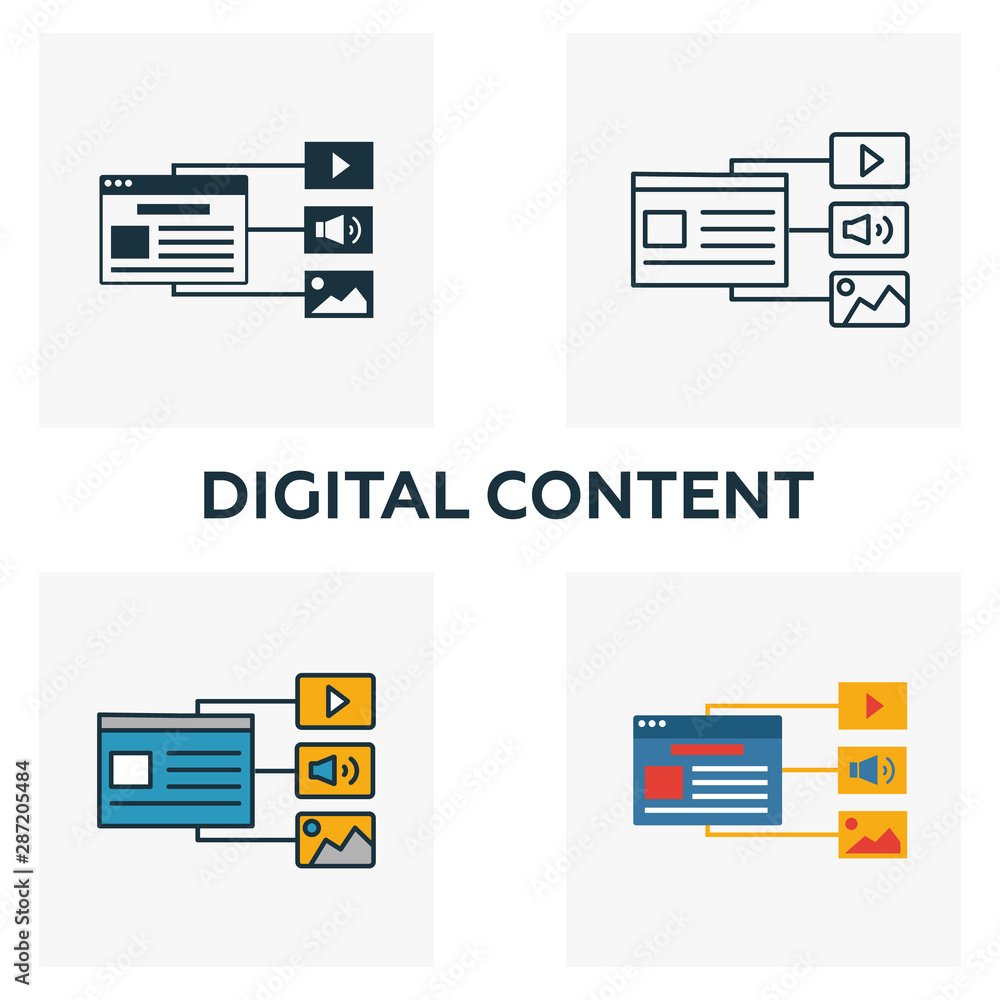Poster digital content icon set. four elements in diferent styles from content icons collection. creative d
