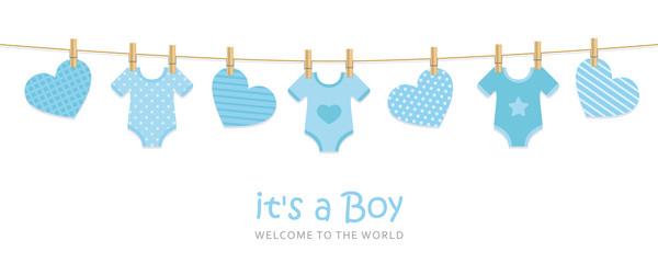 Fototapeta its a boy welcome greeting card for childbirth with hanging hearts and bodysuits vector illustration EPS10 obraz