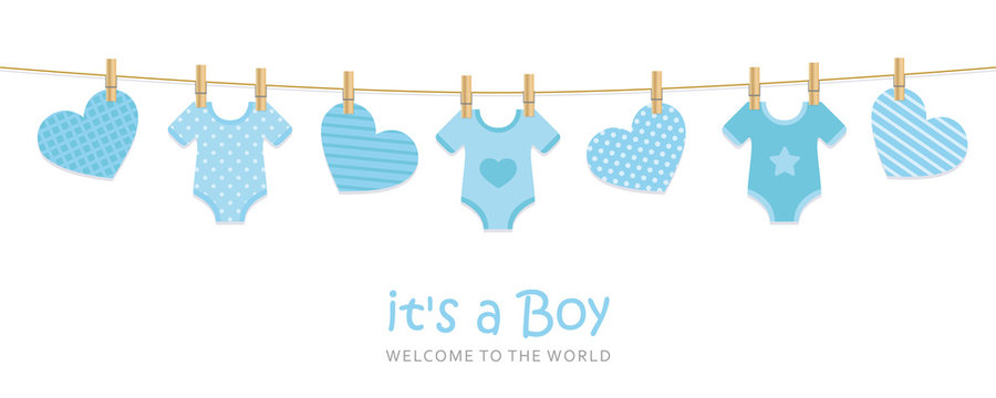 its a boy welcome greeting card for childbirth with hanging hearts and bodysuits vector illustration EPS10
