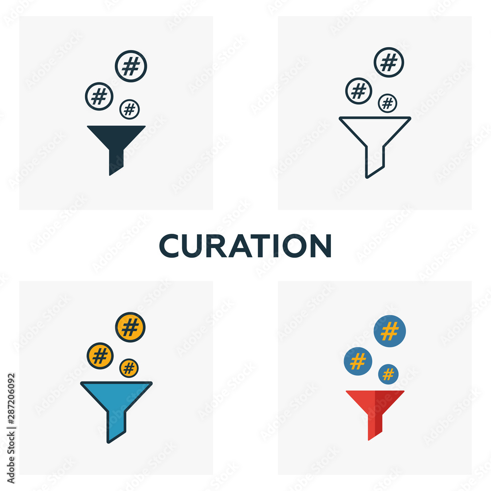 Poster curation icon set. four elements in diferent styles from content icons collection. creative curation