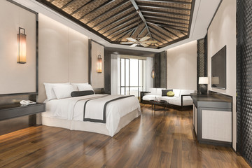 3d rendering luxury tropical bedroom suite in resort hotel and resort
