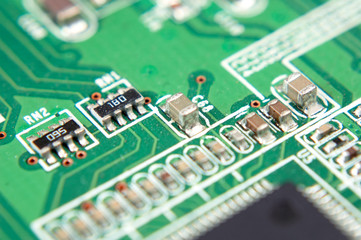Electronic circuit board closeup. Electronic computer hardware technology macro. Motherboard...