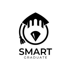 Vector Graduation Cap with Pencil. Logo for School/University/College/ Graduate/Campus. Flat Black and White Style.Education and Science Symbol