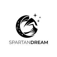 crescent with spartan silhouette logo vector, flat style, modern black and white design