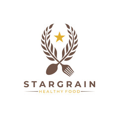 wheat/grain with spoon fork and star logo vector for healthy food,restaurant and farm business. flat style. modern agriculture design template