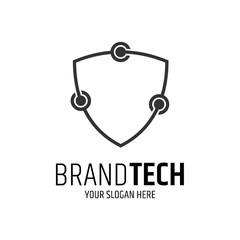 shield technology logo template ready for use, connection dots electronic icon, line art style, simple internet protection design, digital security symbol