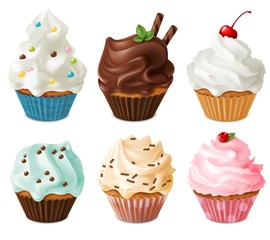 Realistic cupcakes. Sweet creamy desserts muffins with cherry and chocolate, delicious confectionery and baking. Isolated 3d pastry vector set