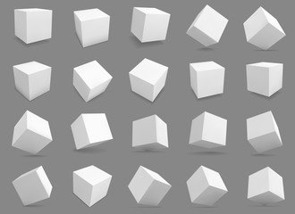 3d cubes. White blocks with different lighting and shadows, boxes in perspective. Abstract geometric square shapes vector collection