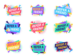 Refer friend badges. Referral program labels with loudspeaker. Suggestion and recommendation business vector banners with megaphone