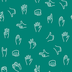Hand Gestures Signs Thin Line Seamless Pattern Background. Vector