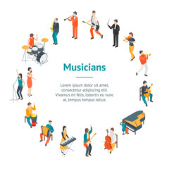 Fototapeta na wymiar Characters Different Musicians People Banner Card Circle 3d Isometric View. Vector