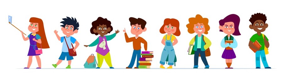 School children. Multiethnic boys and girls in casual clothes. Kids with backpacks and books in school time, vector cartoon characters