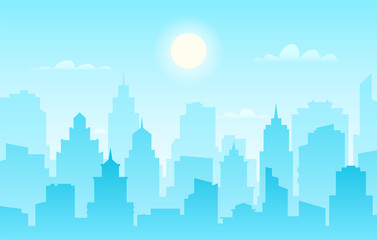 Naklejka premium Flat cityscape. Modern city skyline, daytime panoramic urban landscape with silhouette buildings and skyscraper towers vector banner