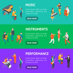Characters Different Musicians People Banner Horizontal Set 3d Isometric View. Vector