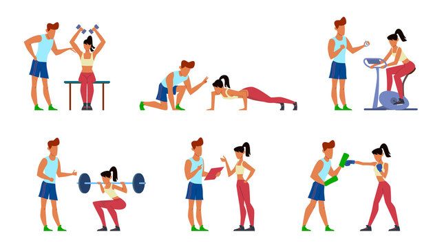Fitness trainer. Gymnastics exercising in gym with instructor, active sport woman, athletic training men jogging, cartoon vector set