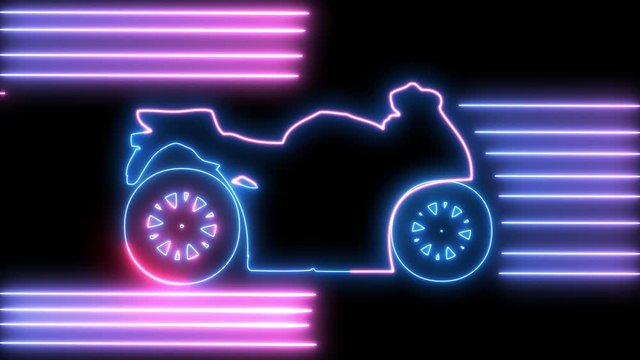 Neon motorcycle on road animation. Led, colorful light of outline bike, racer, rider, chopper, freedom and travel concept. Retro motorbike. 