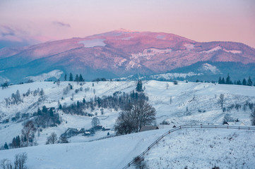 Fototapeta na wymiar winter landscape. mountains on horizon covered with snow