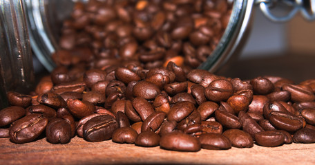 Spilled coffee beans from the jar. Bottom view.